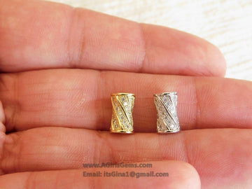 CZ Micro Paved Tube Beads, Clear Cubic Zirconia 6 x 10 mm Gold Plated Focal Bead Spacers - A Girls Gems